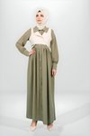 Haki Düğmeli Yelek Detaylı Tesettür Elbise