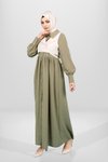 Haki Düğmeli Yelek Detaylı Tesettür Elbise