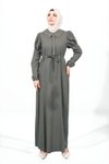 Haki Keten Volan Kol Seyyar Kemerli Tesettür Elbise