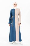 İndigo Bloklu Hasır Kuşaklı Tesettür Elbise