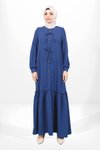 İndigo Çiçek Detaylı Eteği Büzgülü Önden Fiyonk Tesettür Elbise