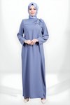 İndigo Fırfırlı Broş Detaylı Tesettür Abiye Elbise