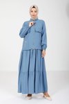 İndigo Kolu Lastikli Fermuarlı Ceket Tesettür Elbise