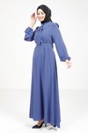 İndigo Kurdele Yakalı Kuşak Detaylı Tesettür Elbise
