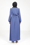 İndigo Kurdele Yakalı Kuşak Detaylı Tesettür Elbise
