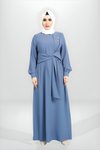 İndigo Önden Bağlama Detaylı Broşlu Tesettür Elbise