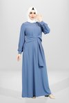 İndigo Önden Bağlama Detaylı Broşlu Tesettür Elbise