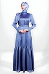 İndigo Saten Kuşaklı Omuz Detaylı Tesettür Abiye Elbise