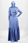 İndigo Saten Kuşaklı Omuz Detaylı Tesettür Abiye Elbise