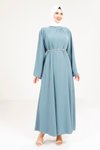 İndigo Taş Kemer Detaylı Tesettür Elbise