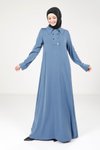 İndigo Yakalı Düğme Detaylı Tesettür Elbise