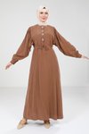 Kahve Modal Düğme Detaylı Tesettür Elbise