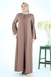 Kahverengi A Kesim Pilili Önü Dantel Boncuk Detaylı Tesettür Elbise