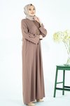 Kahverengi A Kesim Pilili Önü Dantel Boncuk Detaylı Tesettür Elbise