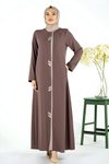 Kahverengi Deniz Patı Kontrastlı Boncuk Detaylı Ferace