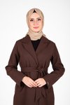 Kahverengi Kruvaze Kuşak Detaylı Tesettür Kaban