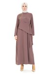 Kahverengi Omuzdan Taş Detaylı Abiye Tesettür Elbise