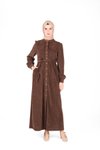 Kahverengi Örme Pat Düğmeli Tesettür Elbise