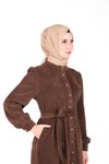 Kahverengi Örme Pat Düğmeli Tesettür Elbise