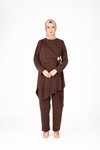 Kahverengi Tunik Pantolon Bel Aksesuar Detaylı Tesettür Takım