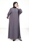 Koyu Gri Yarasa Yakası Fermuarlı Tesettür Elbise
