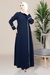 Lacivert Arduva Kruvaze Kapama Yapışkan Taş Detaylı Tesettür Abiye Elbise