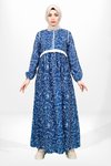Lacivert Çiçek Desenli Beli Ayarlanabilir Üstü Kapama Detaylı Tesettür Elbise