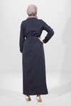 Lacivert Çizgili Kışlık Kuşaklı Tesettür Elbise