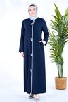 Lacivert Deniz Patı Kontrastlı Boncuk Detaylı Ferace