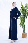 Lacivert Deniz Patı Kontrastlı Boncuk Detaylı Ferace