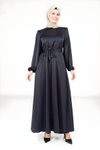 Lacivert Hare Balon Kol Tesettür Abiye Elbise