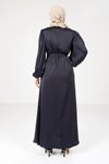 Lacivert Hare Balon Kol Tesettür Abiye Elbise
