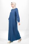 Lacivert Keten Bisiklet Yaka Boncuk Detaylı Tesettür Elbise