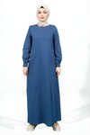 Lacivert Keten Bisiklet Yaka Boncuk Detaylı Tesettür Elbise