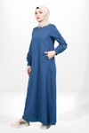 Lacivert Keten Bisiklet Yaka Boncuk Detaylı Tesettür Elbise