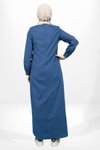 Lacivert Keten Bisiklet Yaka Boncuk Detaylı Tesettür Elbise