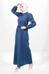 Lacivert Keten Volan Kol Seyyar Kemerli Tesettür Elbise