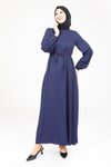 Lacivert Kolu Örgülü Tesettür Elbise