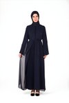 Lacivert Serpme Taş Detaylı Abaya Ferace Takım