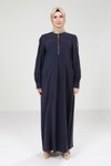 Lacivert Yakası Fermuarlı Tesettür Elbise