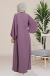 Lila Şark Kollu Pili İnci Detaylı Tesettür Abiye Elbise