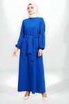 Mavi Kuşaklı Pilikaşe Kol Detaylı Tesettür Elbise