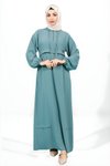 Mint Yeşil Kapşonlu Kolu Lastikli Tesettür Elbise