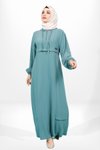 Mint Yeşil Kapşonlu Kolu Lastikli Tesettür Elbise