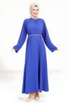 Saks Mavisi Taş Kemer Detaylı Tesettür Elbise