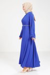Saks Mavisi Taş Kemer Detaylı Tesettür Elbise