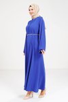 Saks Mavisi Taş Kemer Detaylı Tesettür Elbise