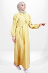 Sarı Keten Volan Kol Seyyar Kemerli Tesettür Elbise