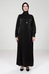 Siyah Broşlu Parlak Kumaş Tesettür Abiye Elbise
