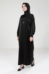 Siyah Broşlu Parlak Kumaş Tesettür Abiye Elbise